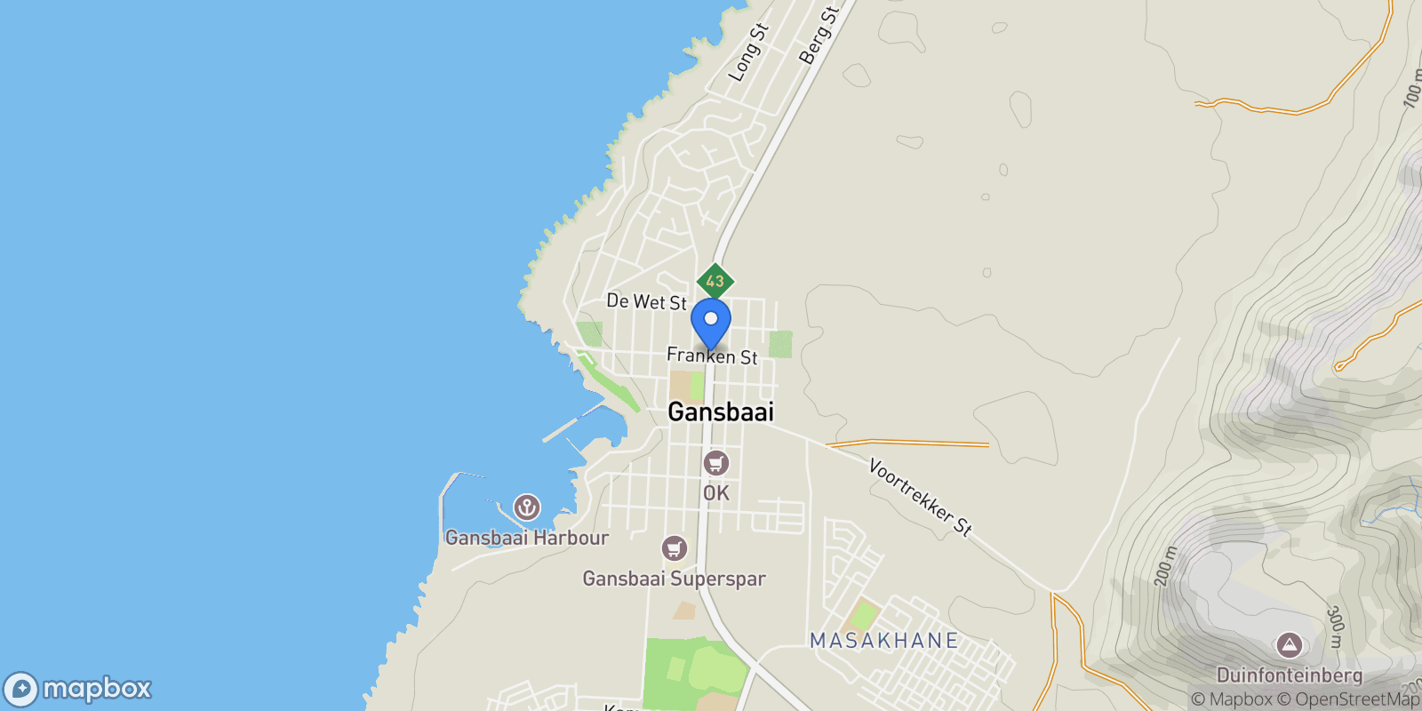 Map showing Gansbaai, Western Cape, South Africa.
