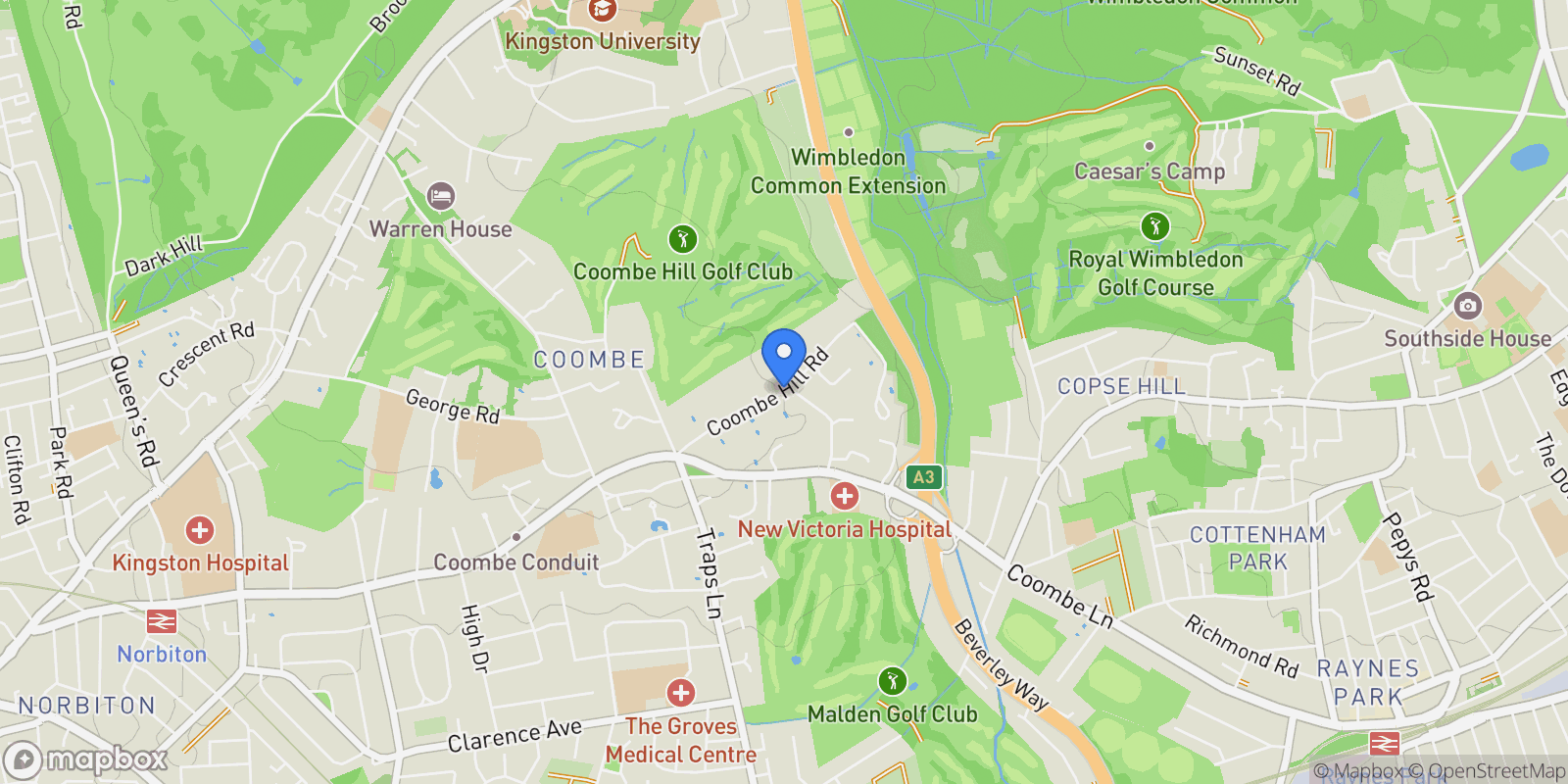 Map showing Coombe Hill Road, Kingston upon Thames, England, United Kingdom.