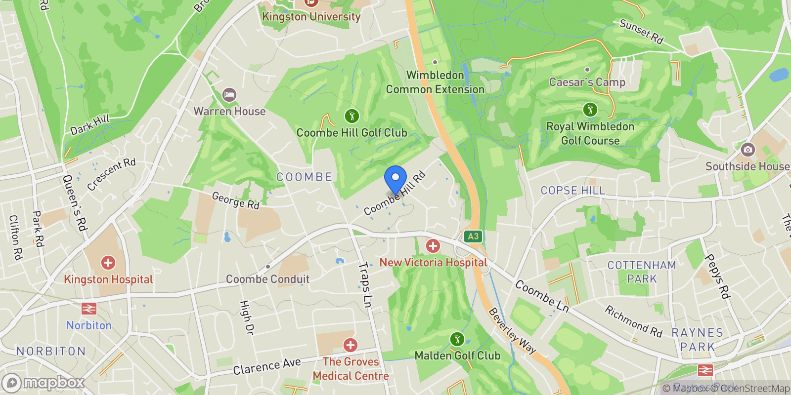 Map showing Coombe Hill Road, Kingston upon Thames, England, United Kingdom.
