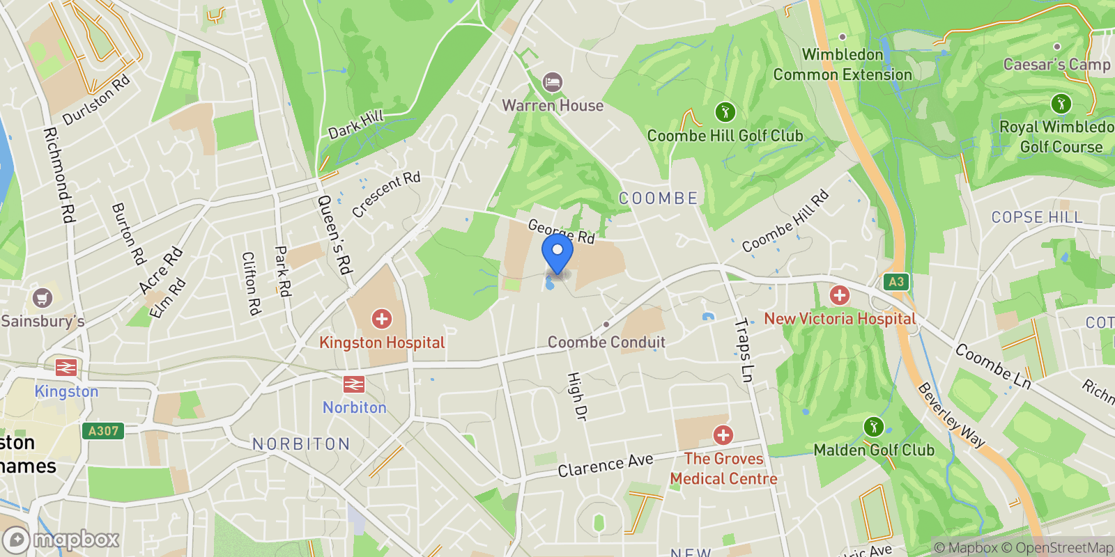 Map showing 13 The Drive, Kingston upon Thames, England, United Kingdom.