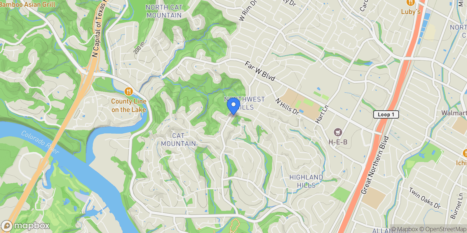 Map showing 6507 Mesa DR, Austin, Texas, United States.
