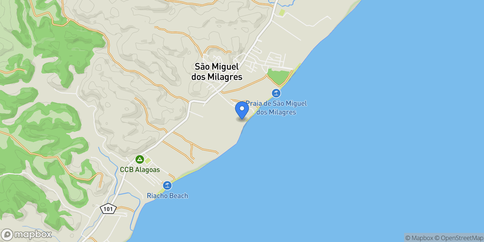 Map showing Sítio Curtume, Reserva Wará - Rua projetada, s/n - Riacho, São Miguel dos Milagres - AL, 57940-000, Brazil, Riacho, State of Alagoas, Brazil.