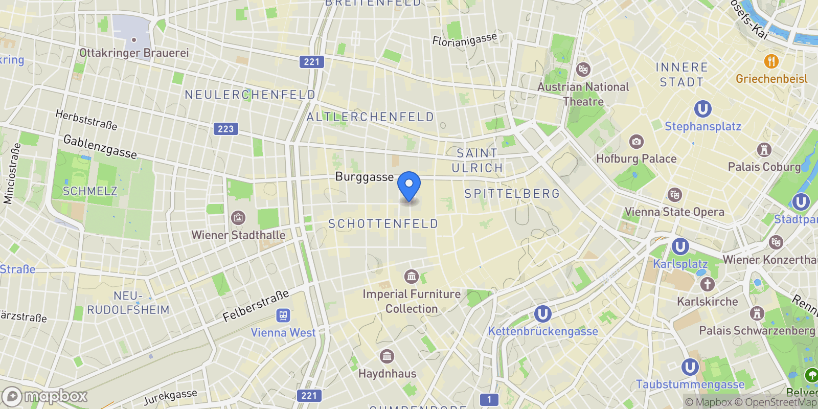Map showing 1070 Vienna, Austria, Vienna, Wien, Austria.