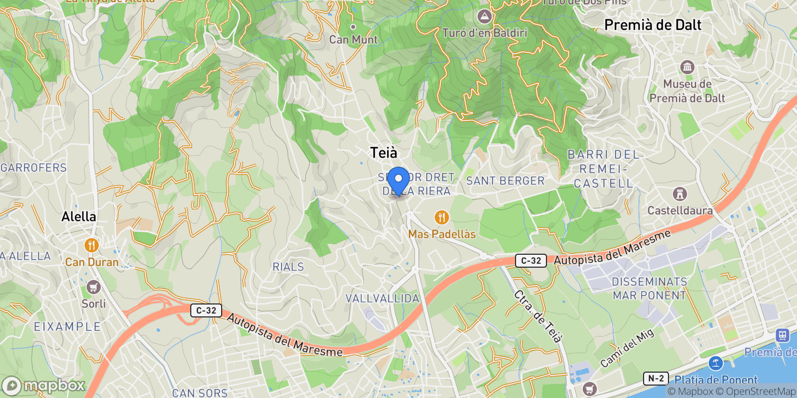 Map showing Teià, Barcelona, Teià, Teia, Catalonia, Spain.