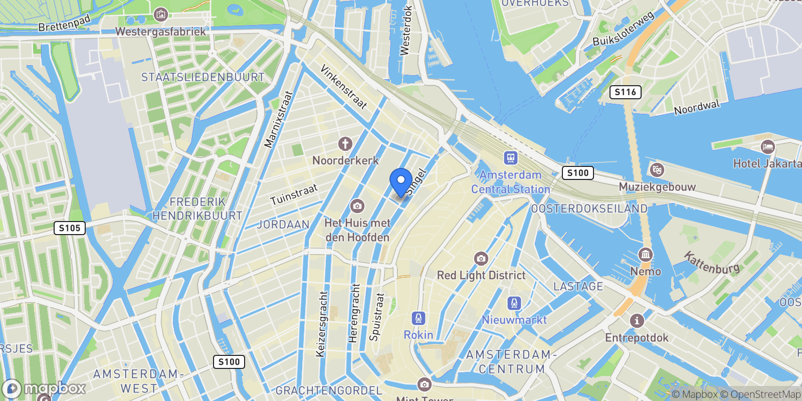 Map showing Singel 104 A, Amsterdam, North Holland, Netherlands.
