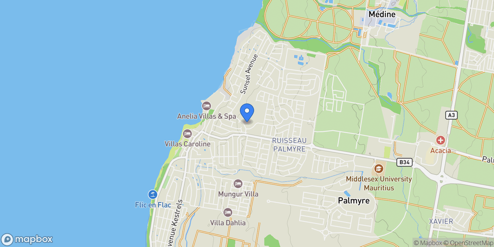 Map showing Flic en Flac, Rivière Noire District, Mauritius.