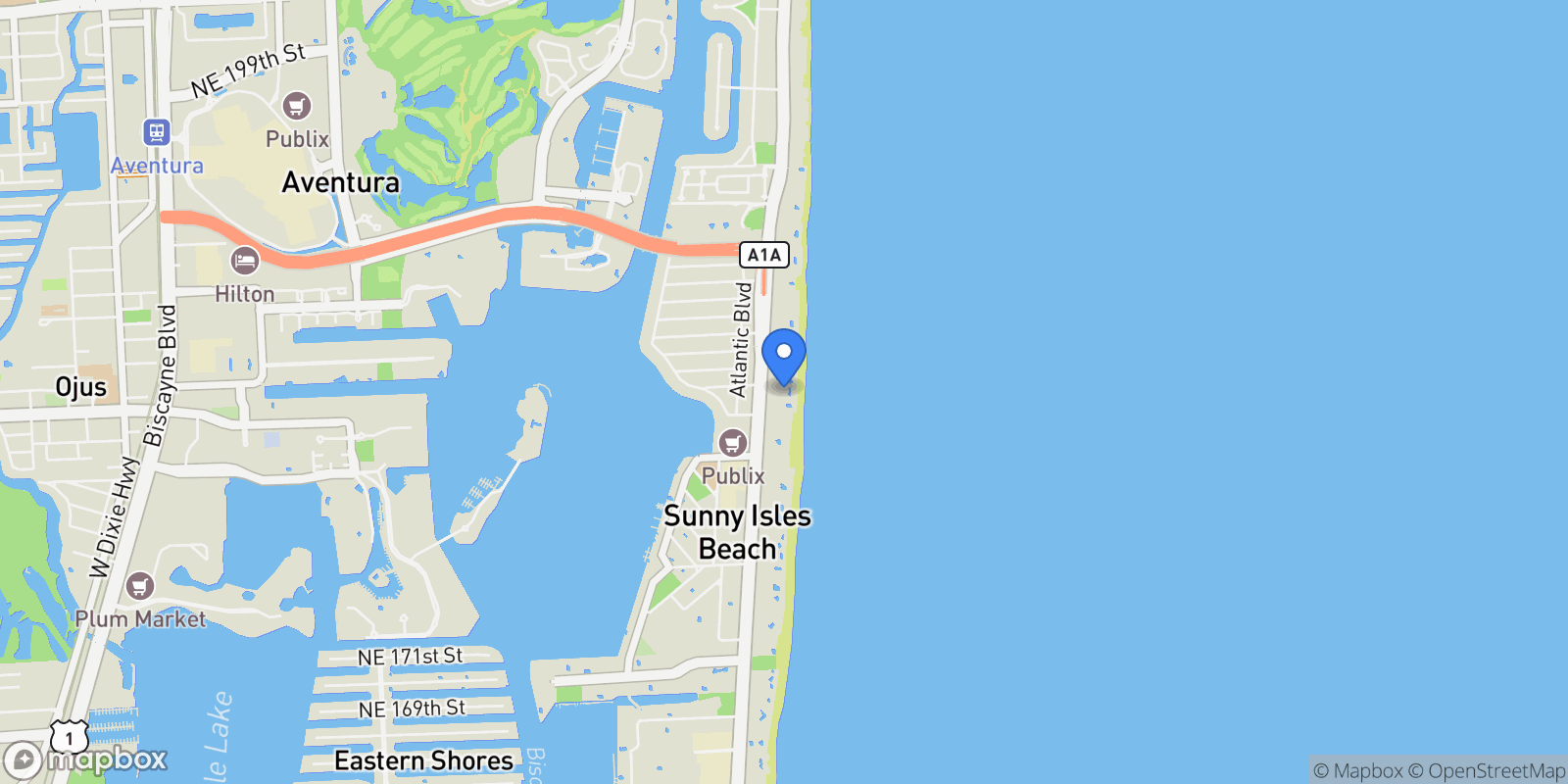 Map showing 18555 Collins Ave Unit 2203, Sunny Isles Beach, FL 33160, Golden Beach, Florida, United States.