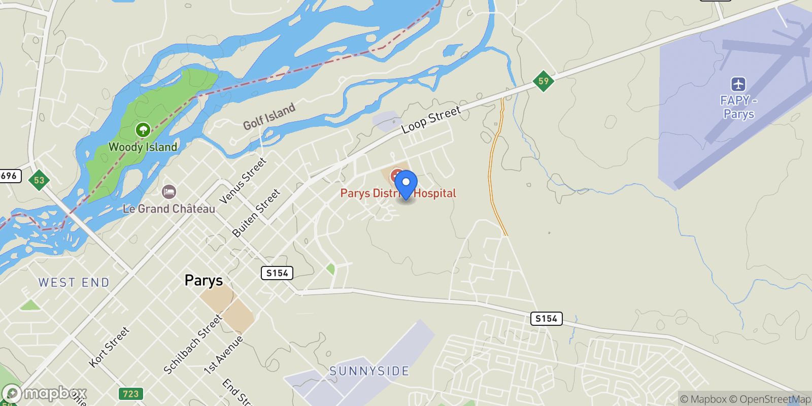 Map showing Parys, Free State, South Africa.