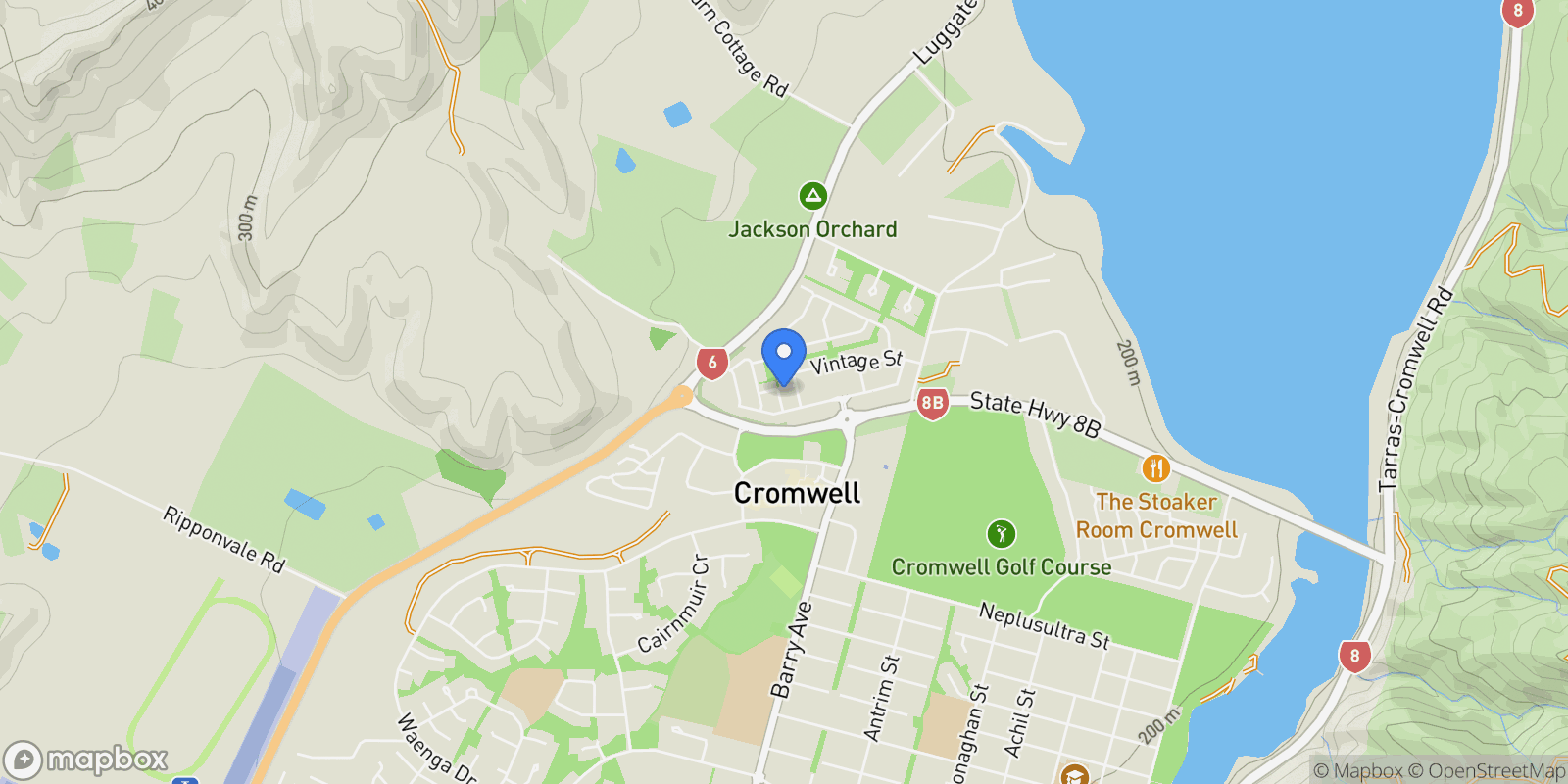 Map showing 8 Tussock Way, Cromwell, OTA 9384, Cromwell, Otago, New Zealand.