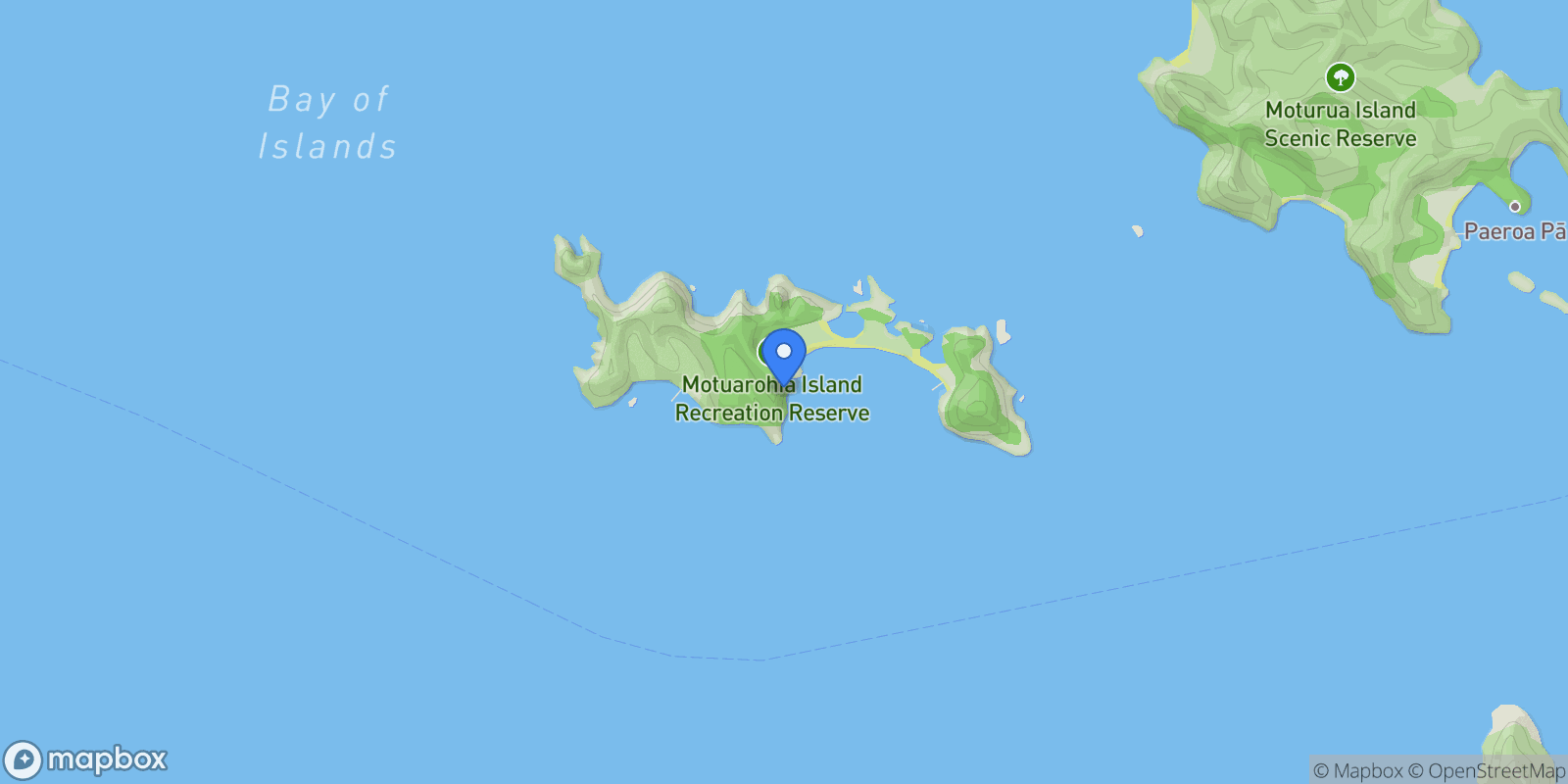 Map showing 1 Motuarohia Island, Russell, Bay of Islands, Parekura Bay, Northland, New Zealand.