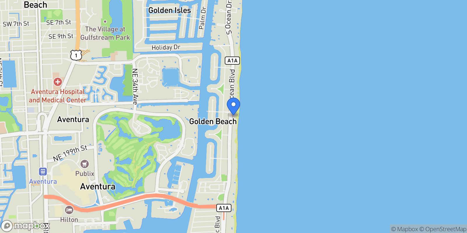 Map showing 395 Ocean Blvd, Golden Beach, FL 33160, Golden Beach, Florida, United States.