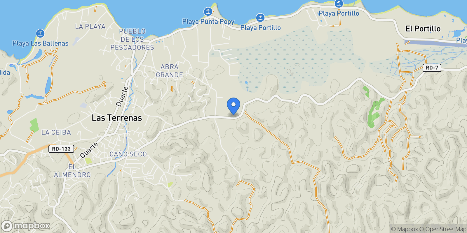Map showing 1 Boulevard Del Atlántico, Las Terrenas, Samaná Province, Dominican Republic.