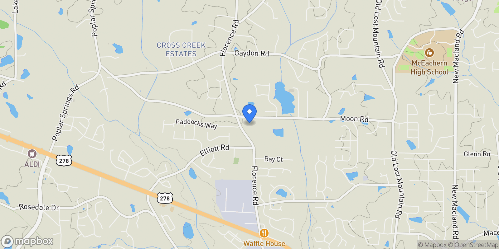 Map showing 5241 Moon Road, Powder Springs, Georgia, United States.