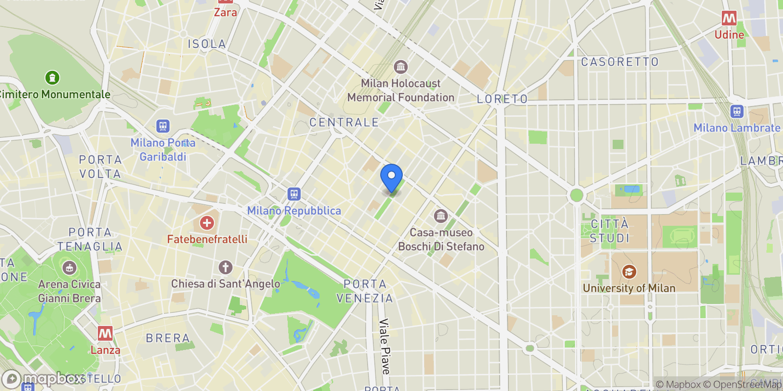 Map showing VIA MORGAGNI 37, Milan, Lombardy, Italy.