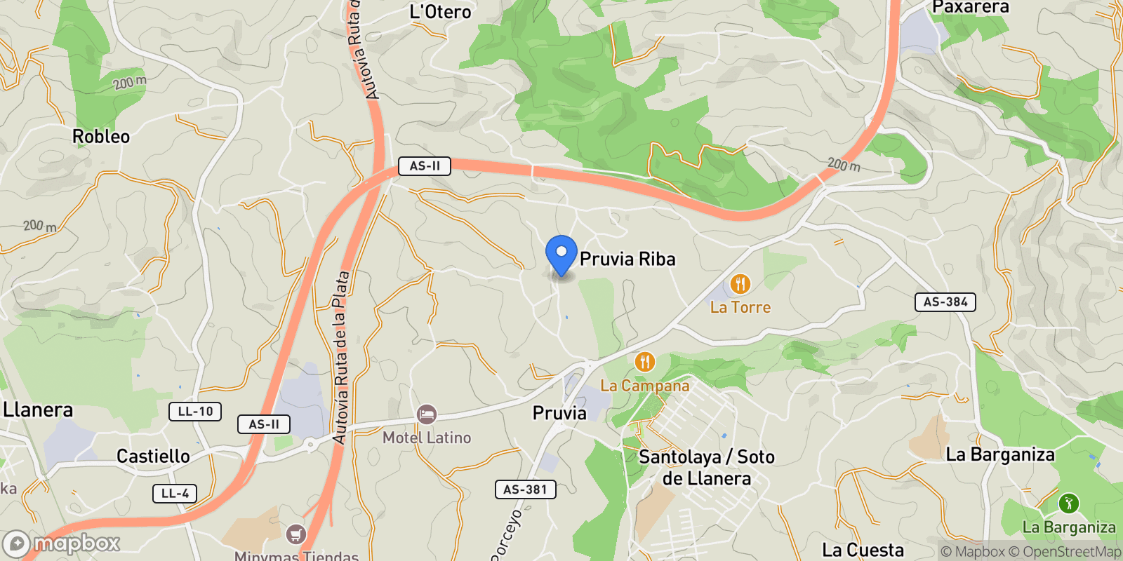 Map showing El Pico, 337, 33192 pruvia de Abajo, Asturias, Spain, Llanera, Asturias, Spain.