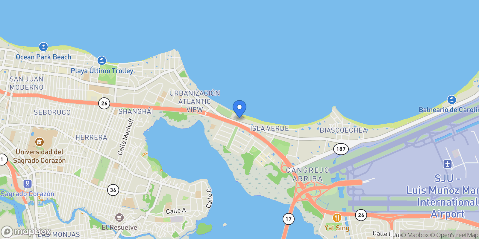 Map showing Carolina AVE ISLA VERDE 4531, Carolina, Carolina, Puerto Rico.