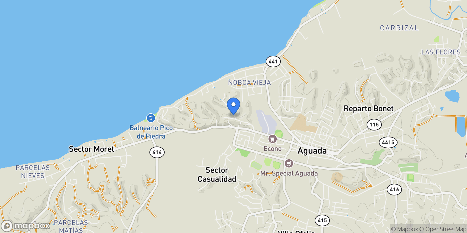 Map showing Aguada CARRETERA 115 KM 22 INT PR-115, Guaniquilla, Puerto Rico.
