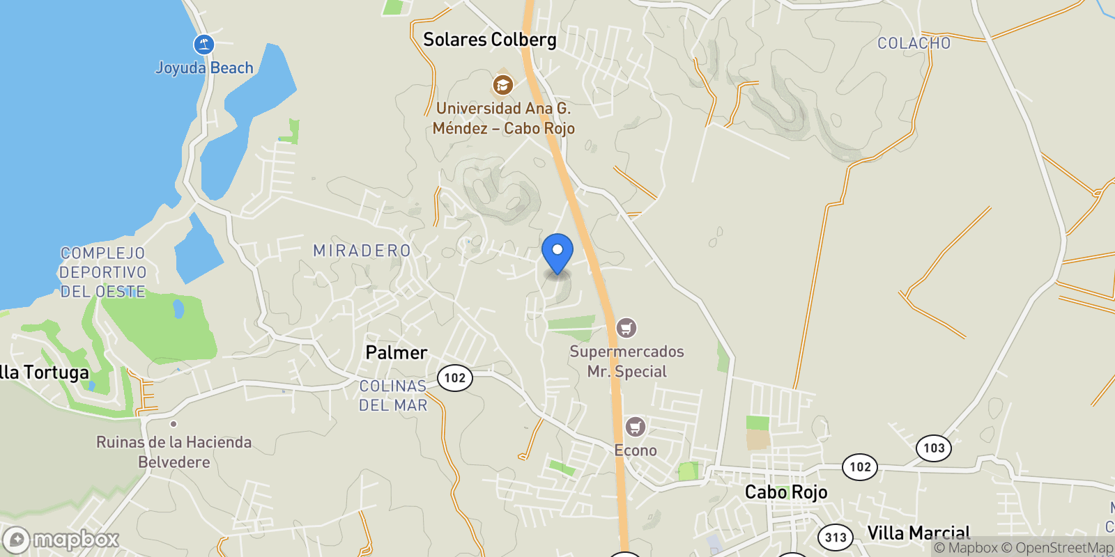 Map showing Cabo Rojo CARR 100 CAMINO ROMAN 100, Cabo Rojo, Cabo Rojo, Puerto Rico.