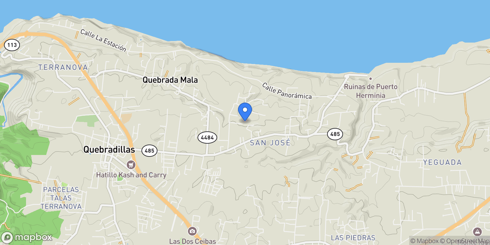 Map showing Quebradillas PR 485 KM 1.7 BO SAN JOSE QUEBRADILLAS P.R. PR 485, San José, Puerto Rico.