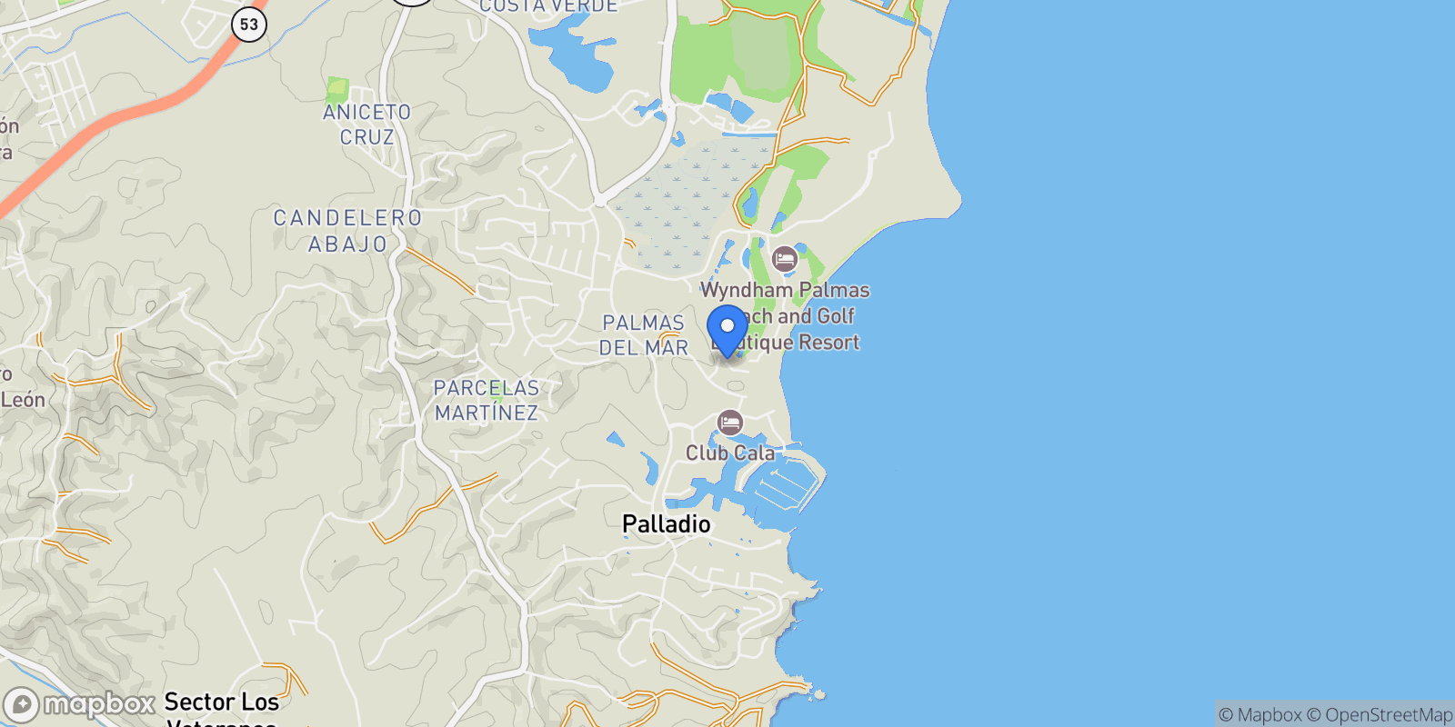 Map showing Humacao CALLE MONTE CARLO 1, Palmas del Mar, Humacao, Puerto Rico.