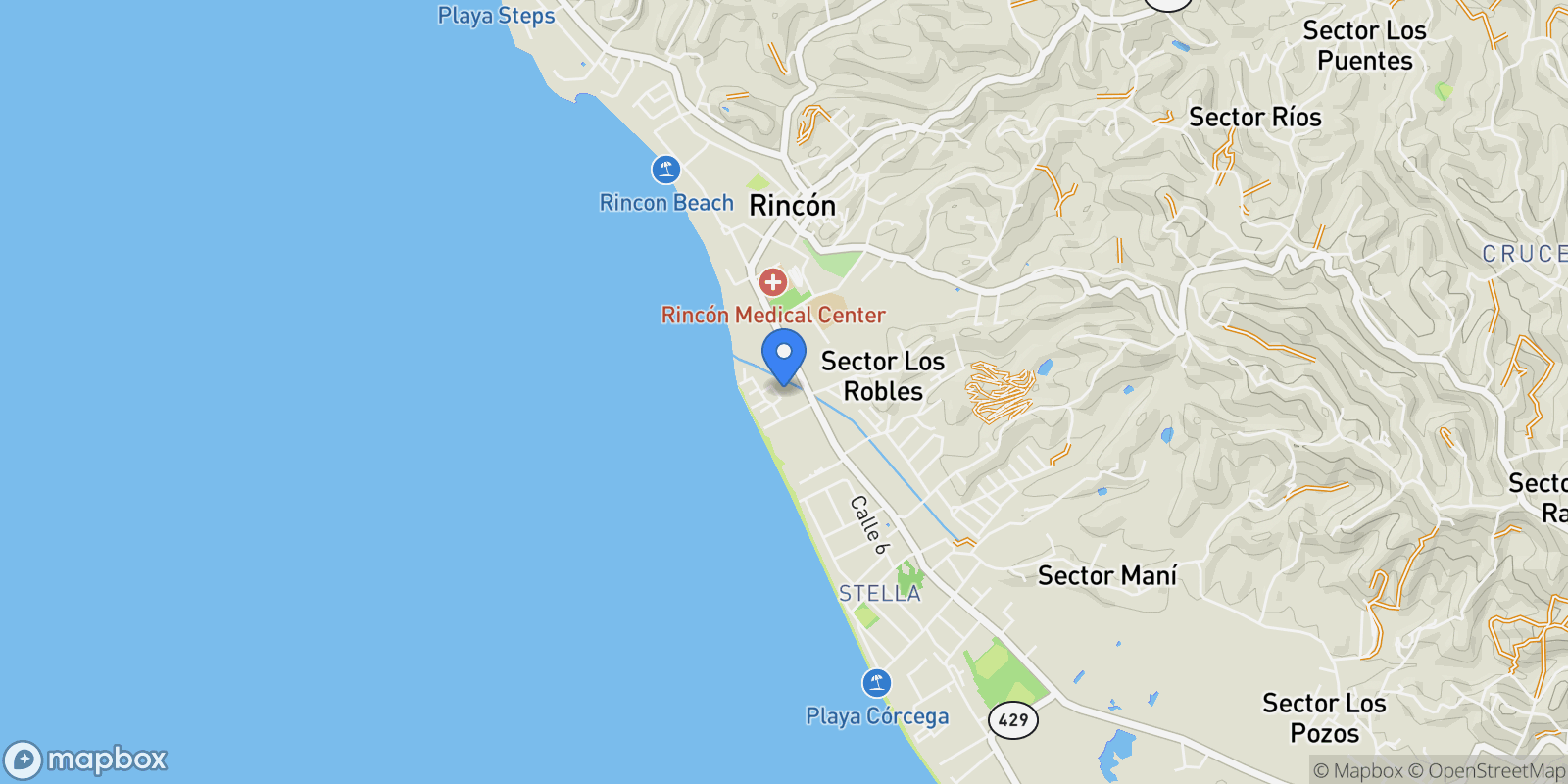 Map showing Rincon SOLAR #1, CALLE QUEBRADA, RINCÓN, P.R. 00677 #1, Stella, Rincón, Puerto Rico.