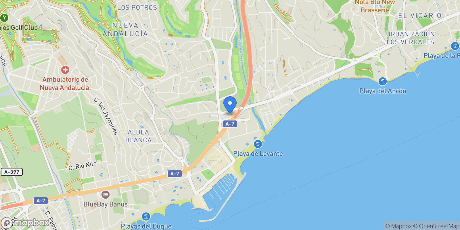 Map showing Puerto Banus, Nueva Andalucia, Marbella, Spain.