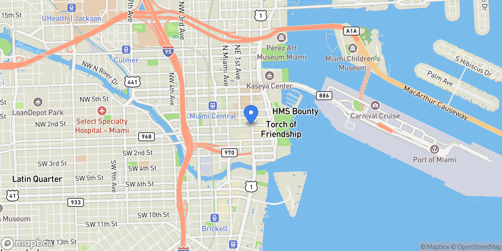 Map showing NE 1 st St, Miami, Florida, United States.