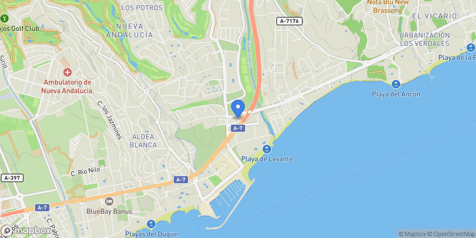 Map showing Puerto Banus, Nueva Andalucia, Marbella, Spain.