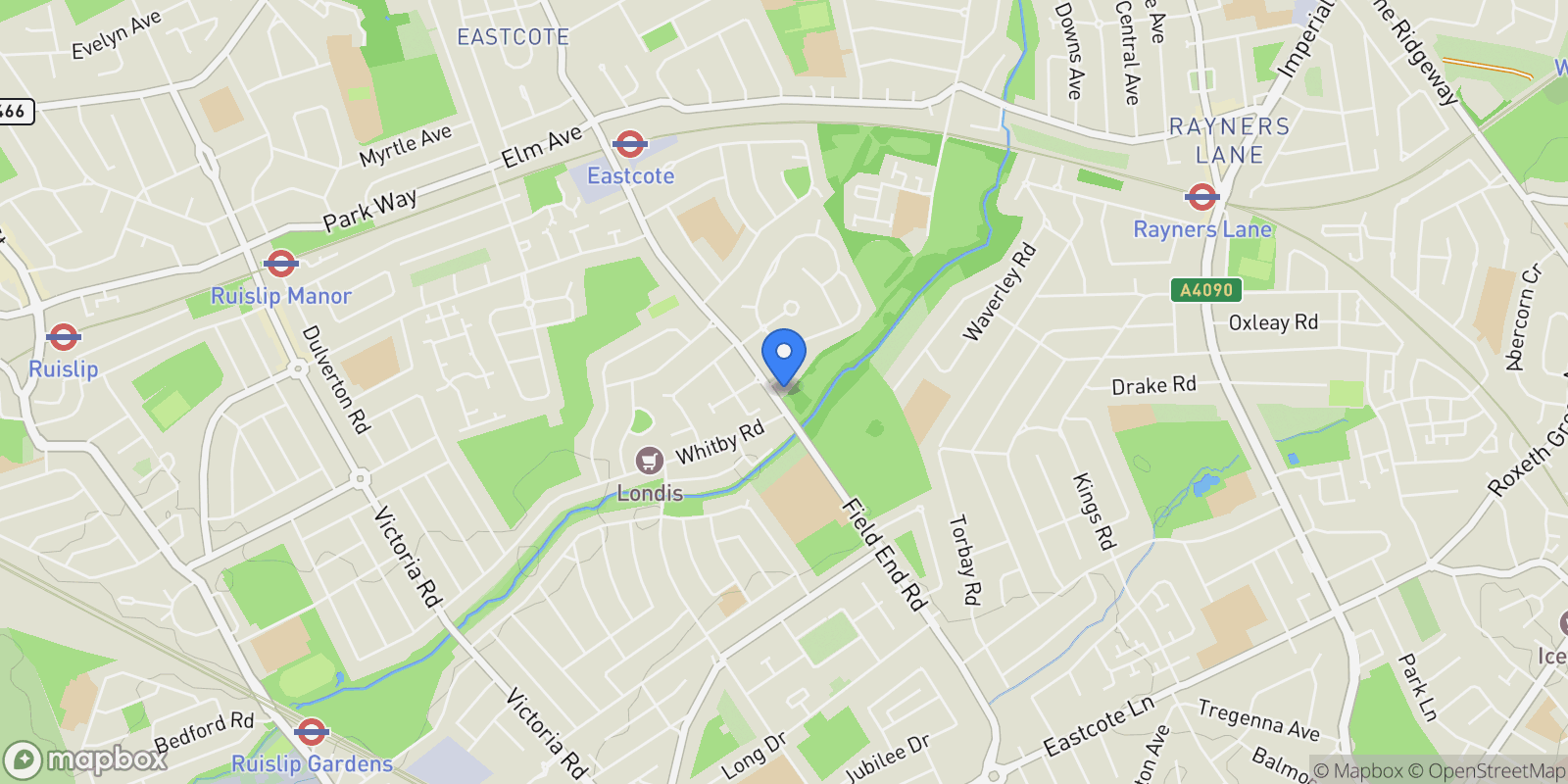 Map showing Field End Road, Ruislip, Pinner, England, United Kingdom.