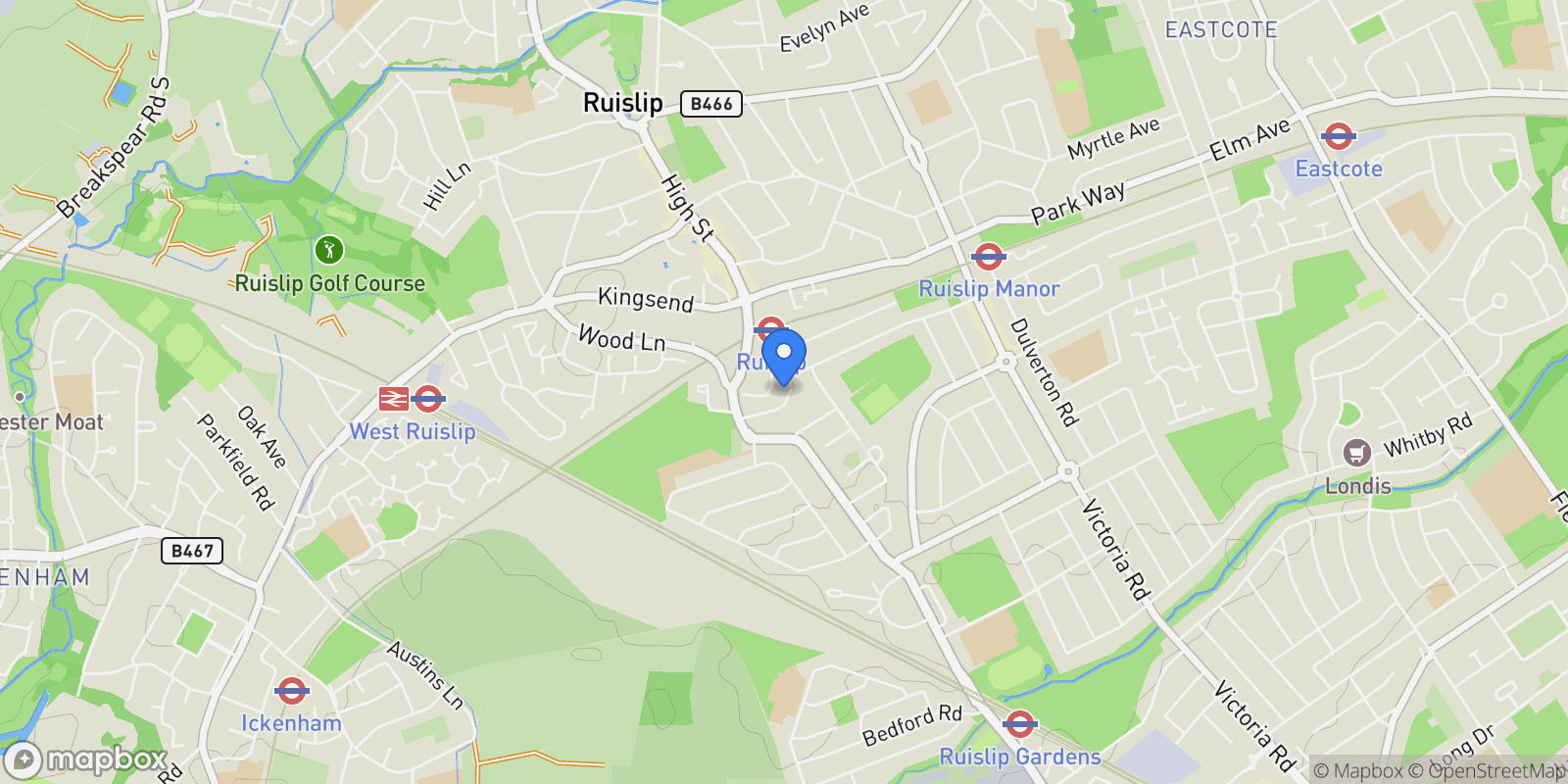 Map showing Eversley Crescent, Ruislip, Ruislip, England, United Kingdom.