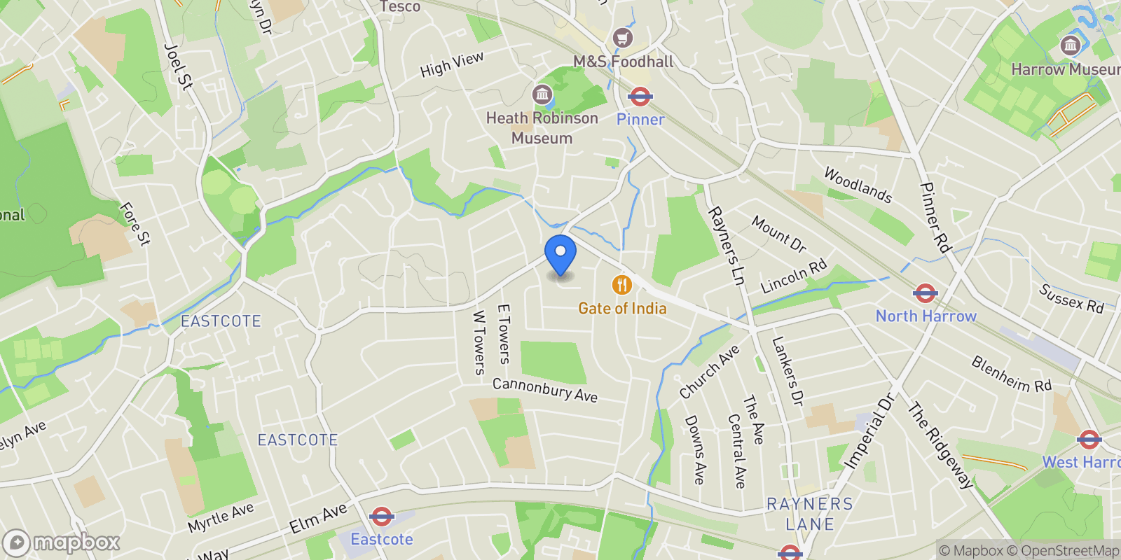 Map showing Ellement Close, Pinner, Pinner, England, United Kingdom.