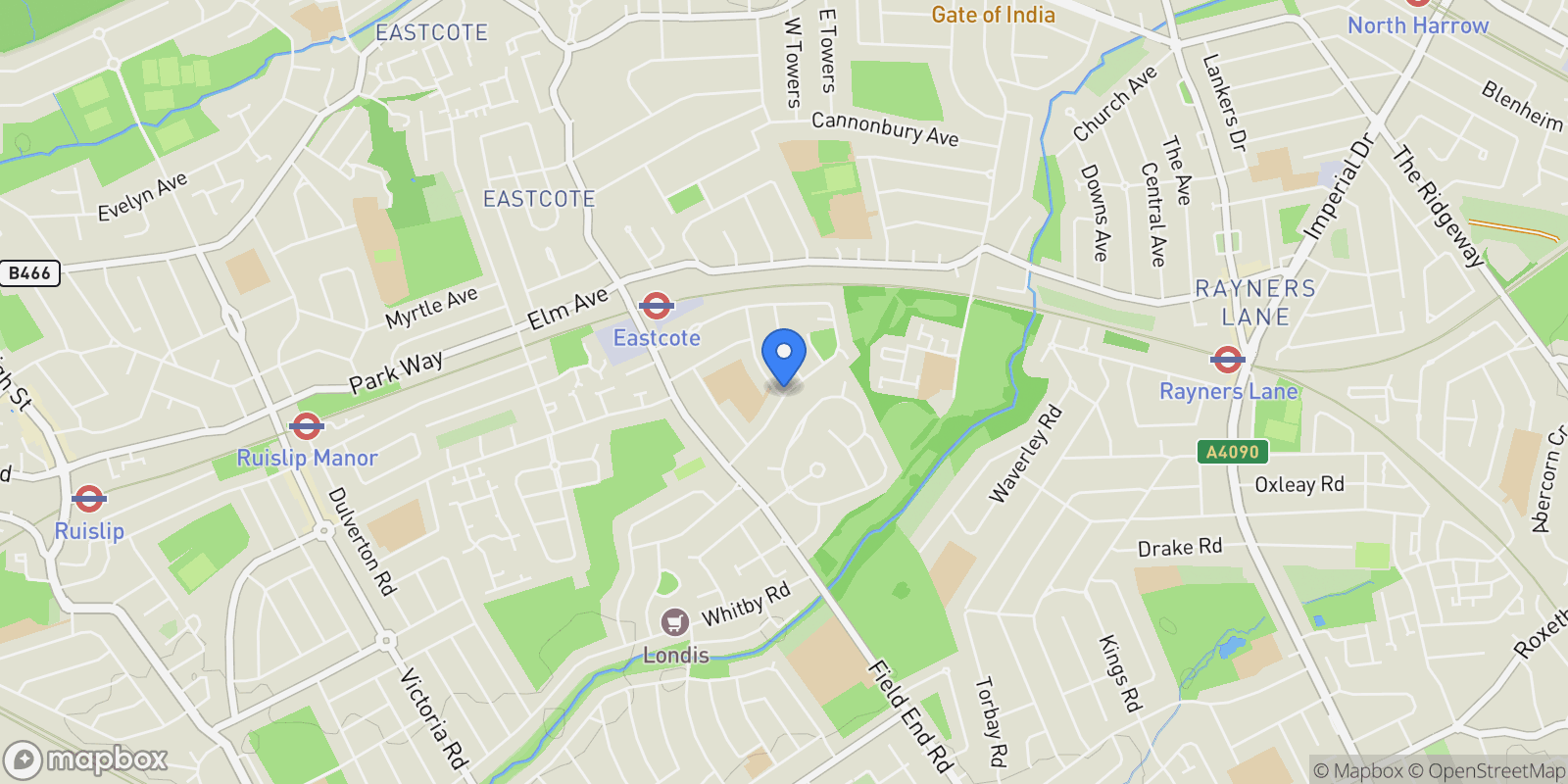 Map showing Woodlands Avenue, Ruislip, Pinner, England, United Kingdom.
