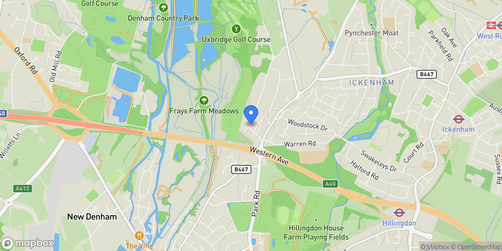 Map showing The Drive, Ickenham, Uxbridge, Ickenham, England, United Kingdom.