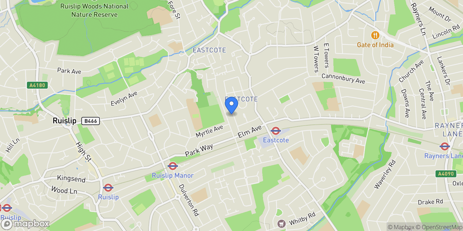 Map showing Hawthorne Avenue, Ruislip, Ruislip, England, United Kingdom.