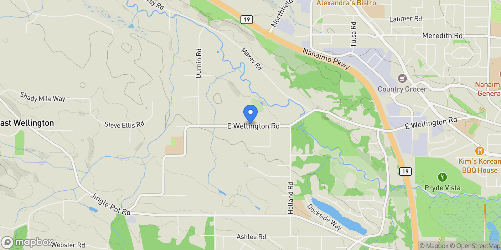 Map showing 2300 East Wellington Road, Nanaimo, BC V9R6V7, Nanaimo, British Columbia, Canada.