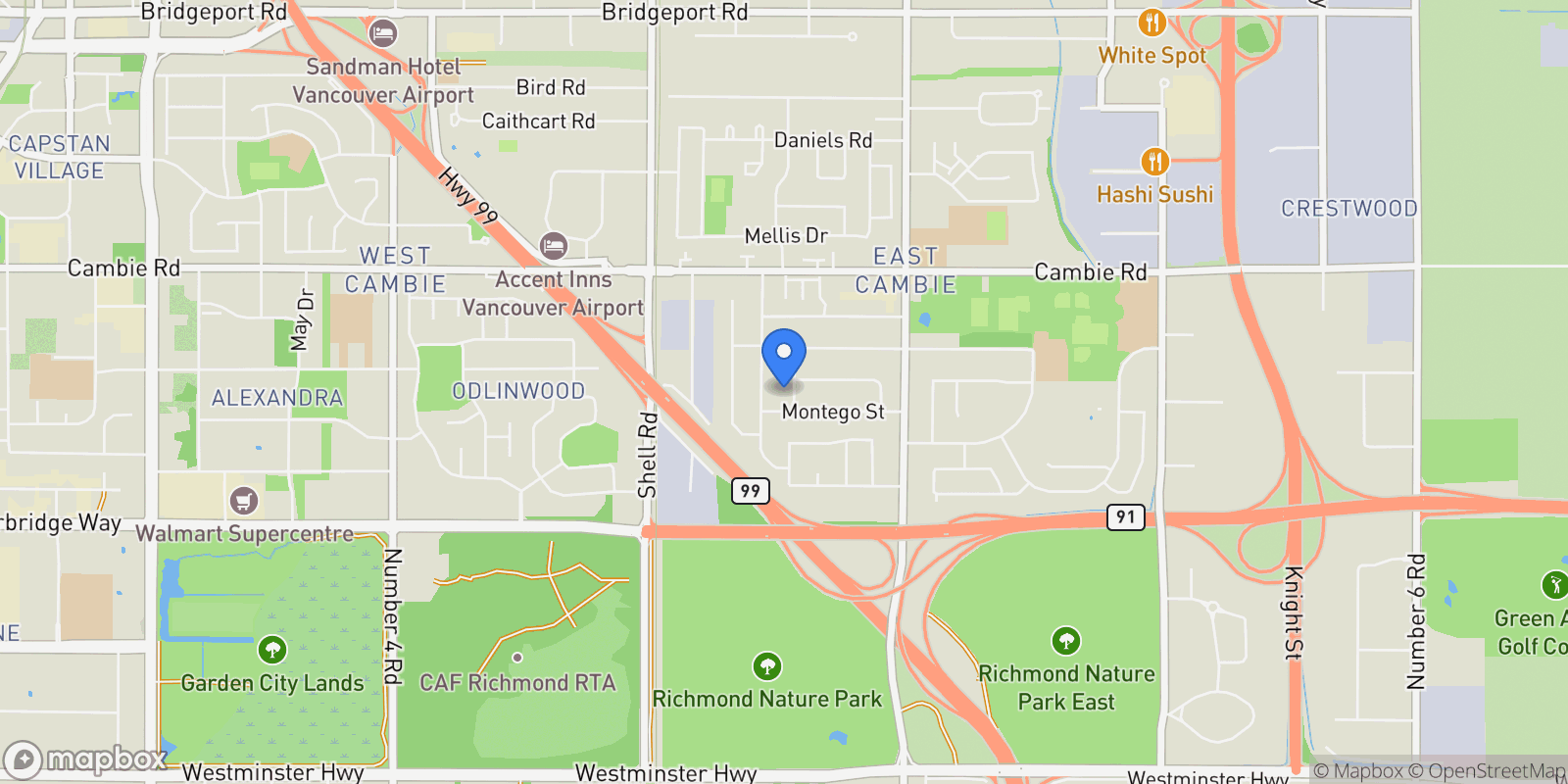Map showing 4351 Woodhead Road, Richmond, BC V6X 1J1, Richmond, British Columbia, Canada.
