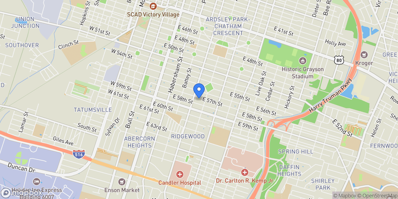 Map showing 423 East 57th Street, Savannah, GA 31405, Savannah, Georgia, United States.