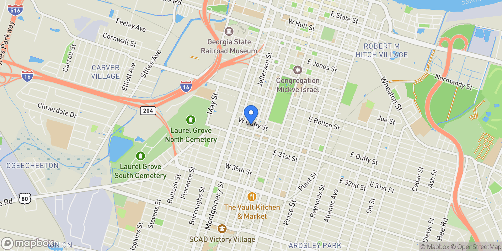 Map showing 213 West Duffy Street, Savannah, GA 31401, Savannah, Georgia, United States.