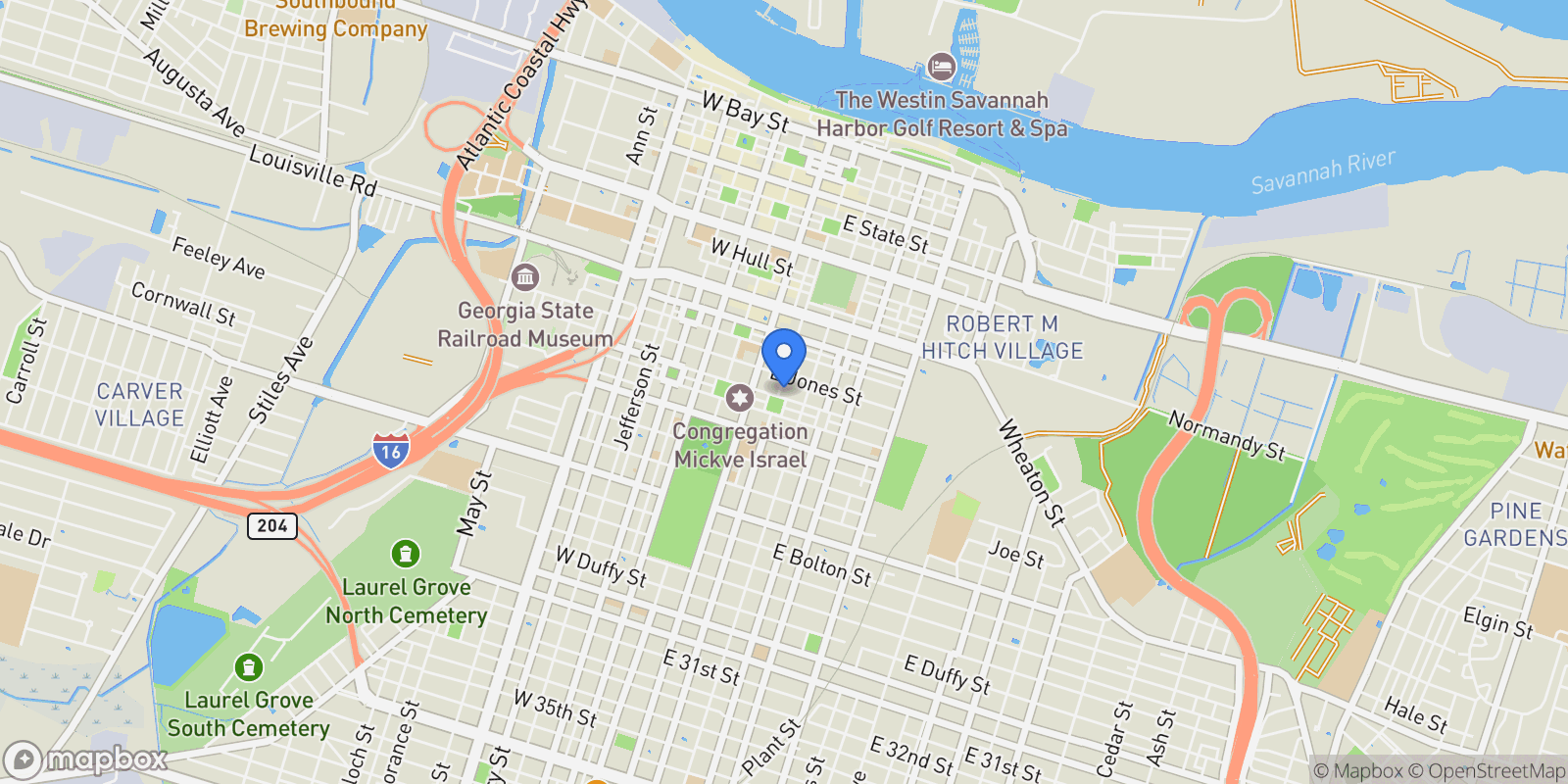 Map showing 202 East Taylor Street, Savannah, GA 31401, Savannah, Georgia, United States.