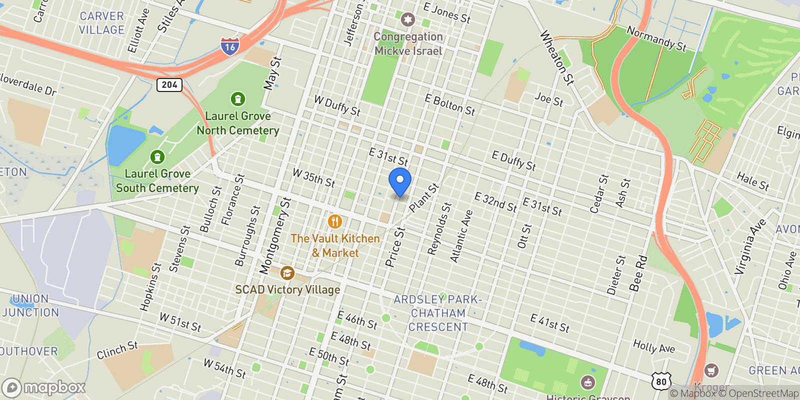 Map showing 1812 Habersham Street, Savannah, GA 31401, Savannah, Georgia, United States.