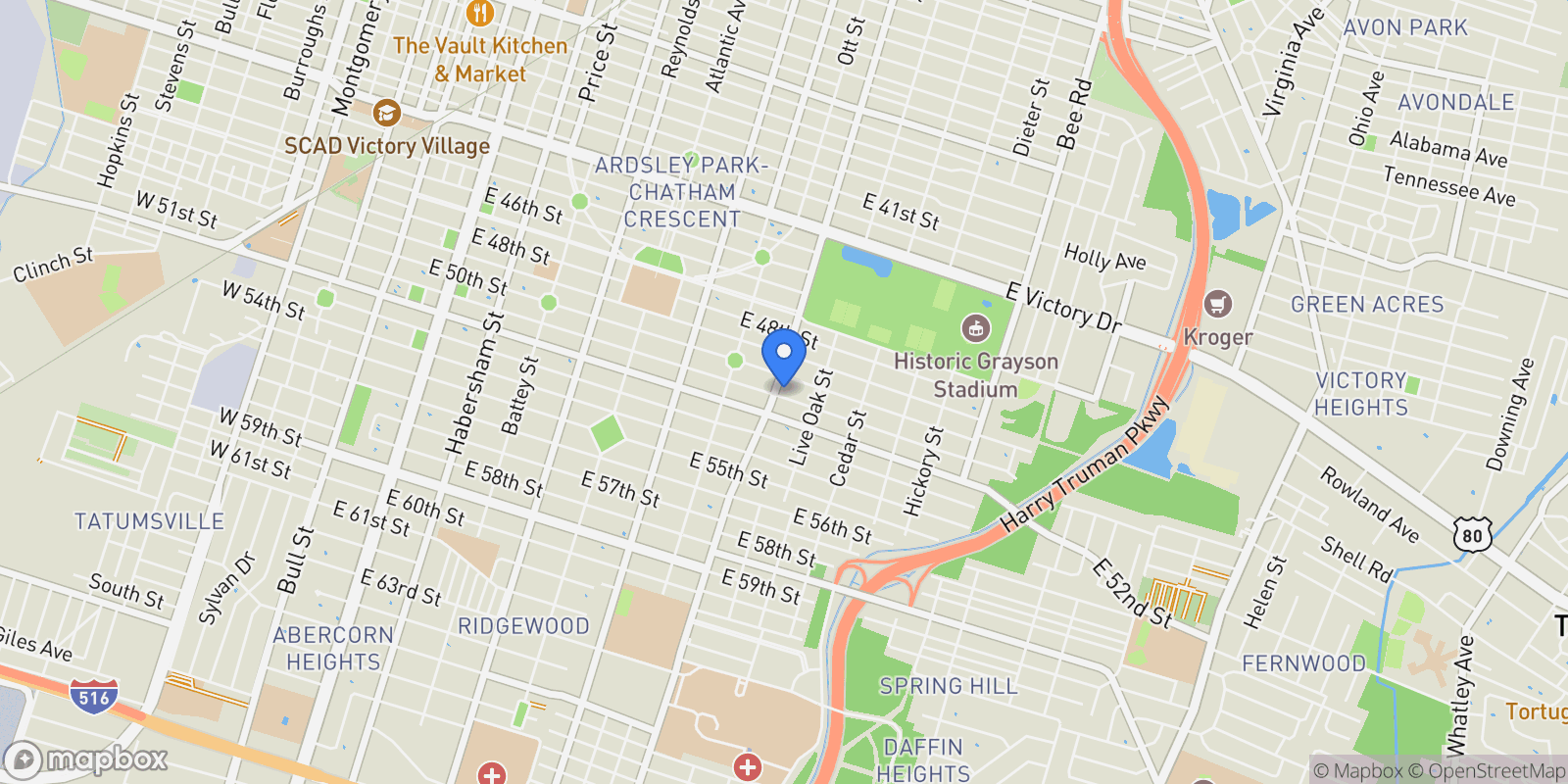 Map showing 1106 East 51st Street, Savannah, GA 31404, Savannah, Georgia, United States.