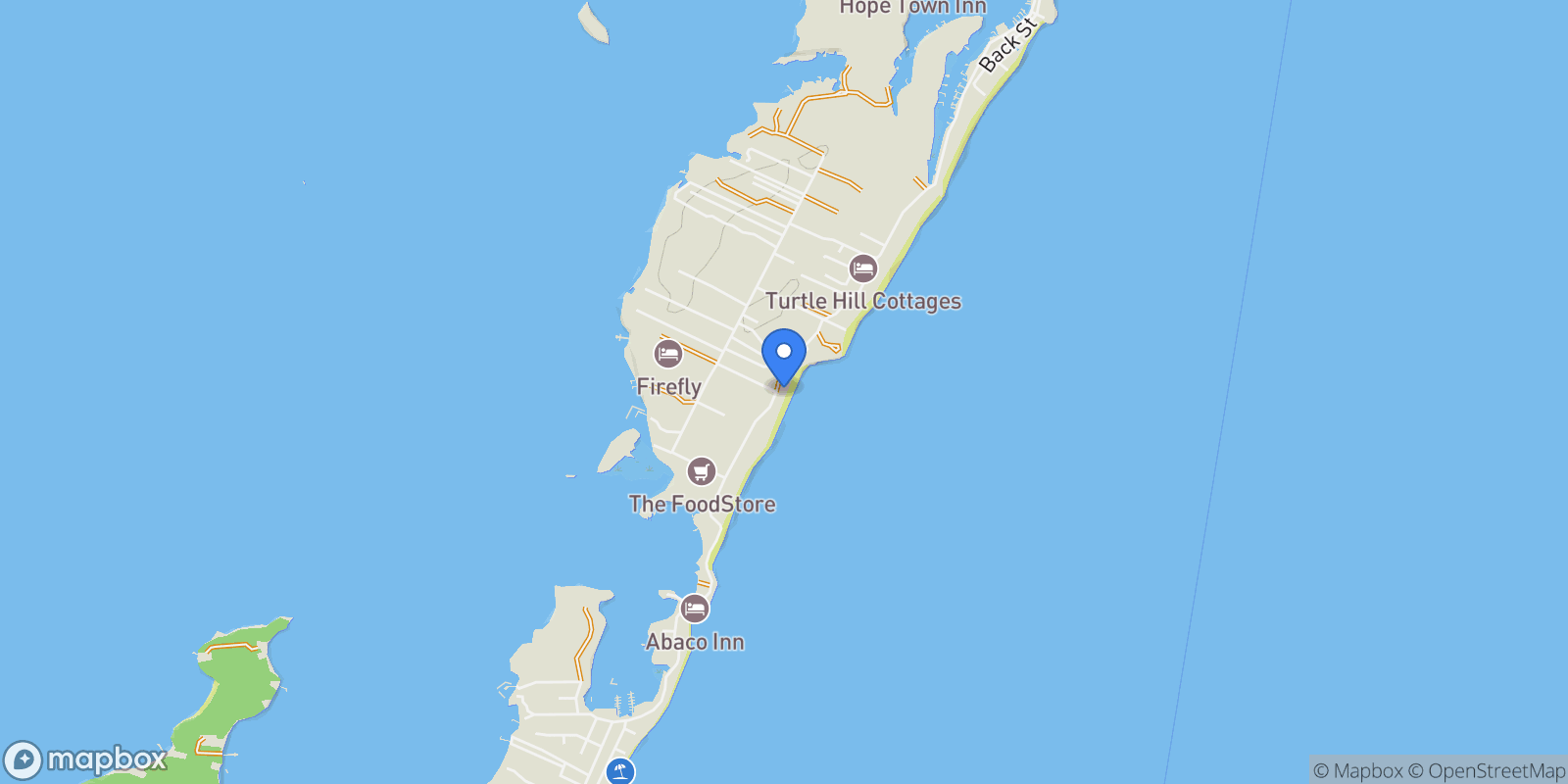 Map showing South Beach , Hope Town, Elbow Cay, Central Abaco, The Bahamas.