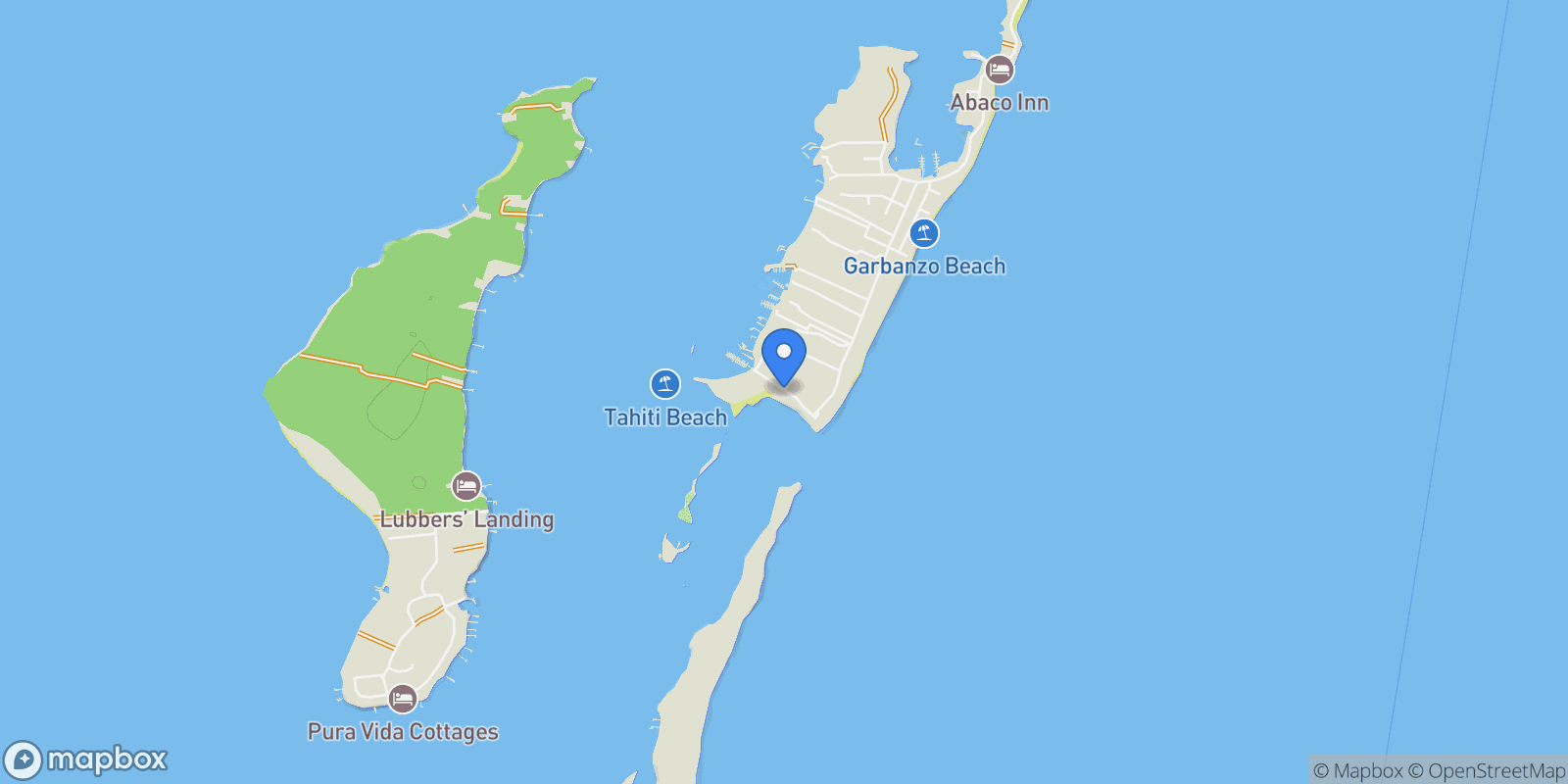 Map showing Blue Summers Dorros Cove South, Hope Town, Elbow Cay, Central Abaco, The Bahamas.
