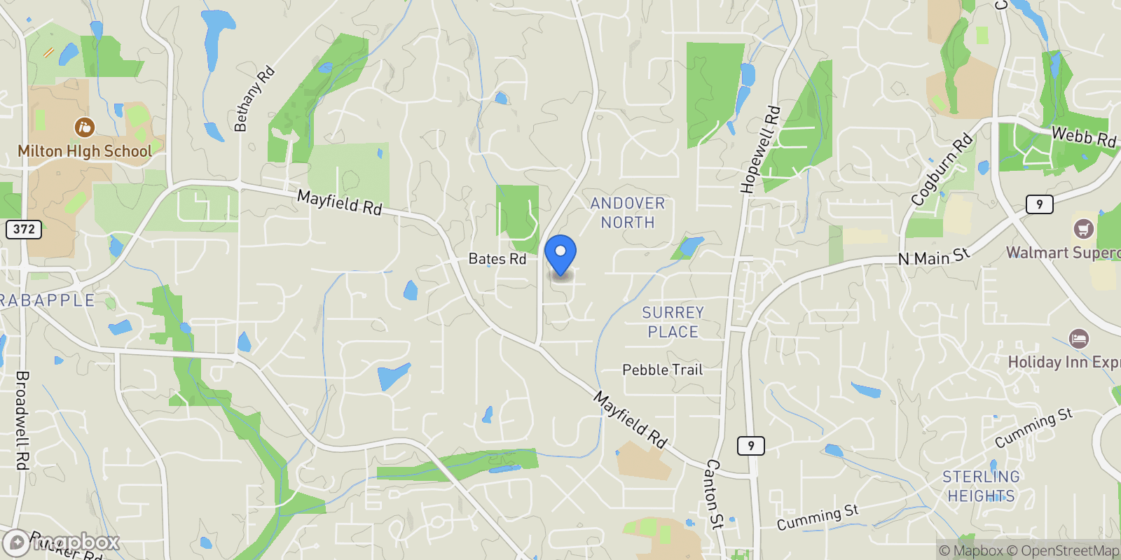 Map showing 925 PEBBLESTONE Court, Alpharetta, Georgia, United States.