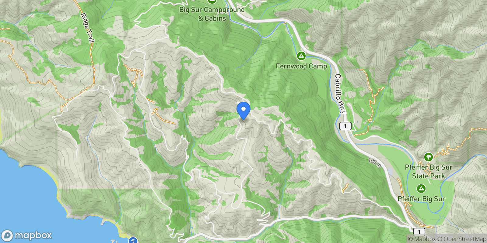 Map showing 46250 Pfeiffer Ridge Road, Big Sur, California, United States.