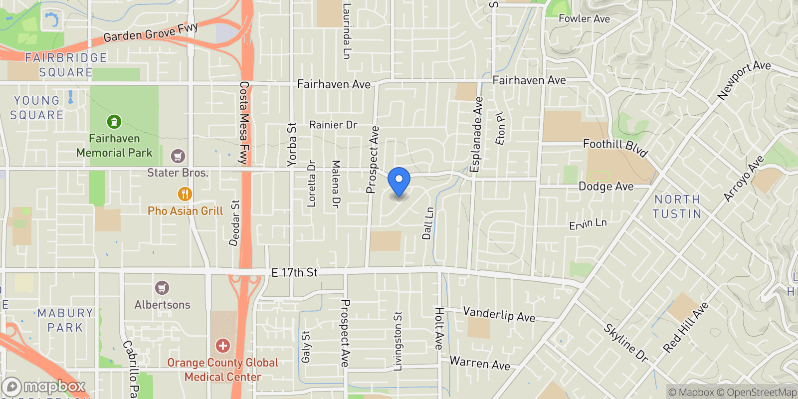 Map showing 18021 Bryce Place, North Tustin, CA 92705, Santa Ana, California, United States.