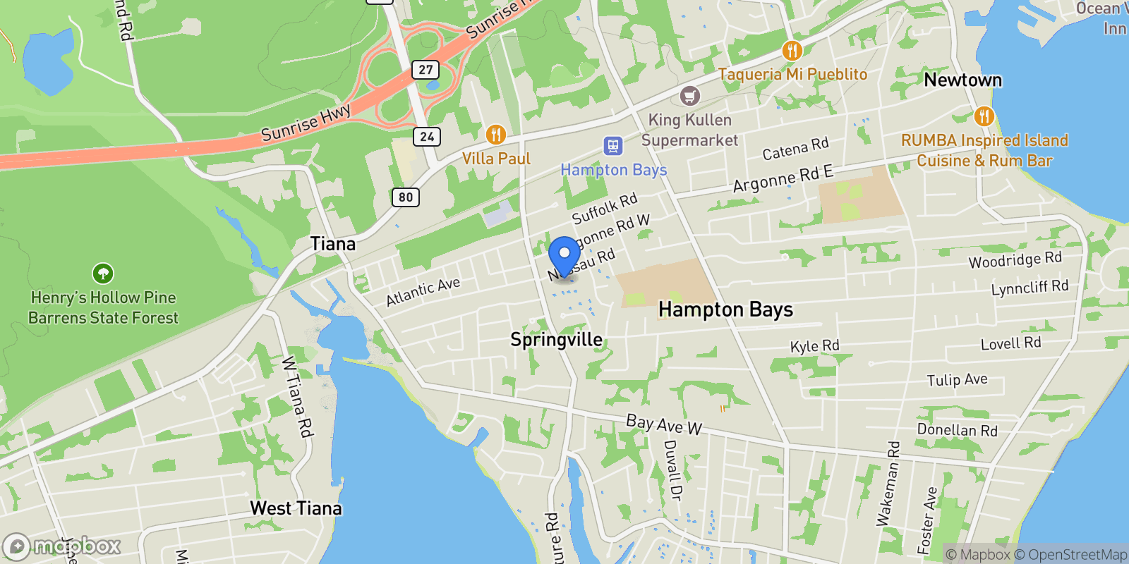 Map showing 95 Springville Rd, Hampton Bays, New York, United States.