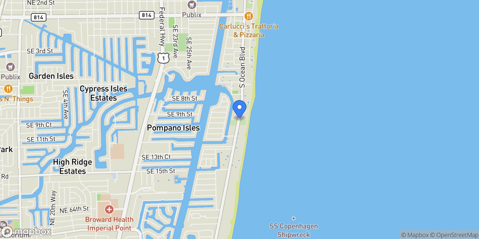 Map showing 1370 S Ocean Blvd #407, Pompano Beach, FL 33062, Hillsboro Beach, Florida, United States.