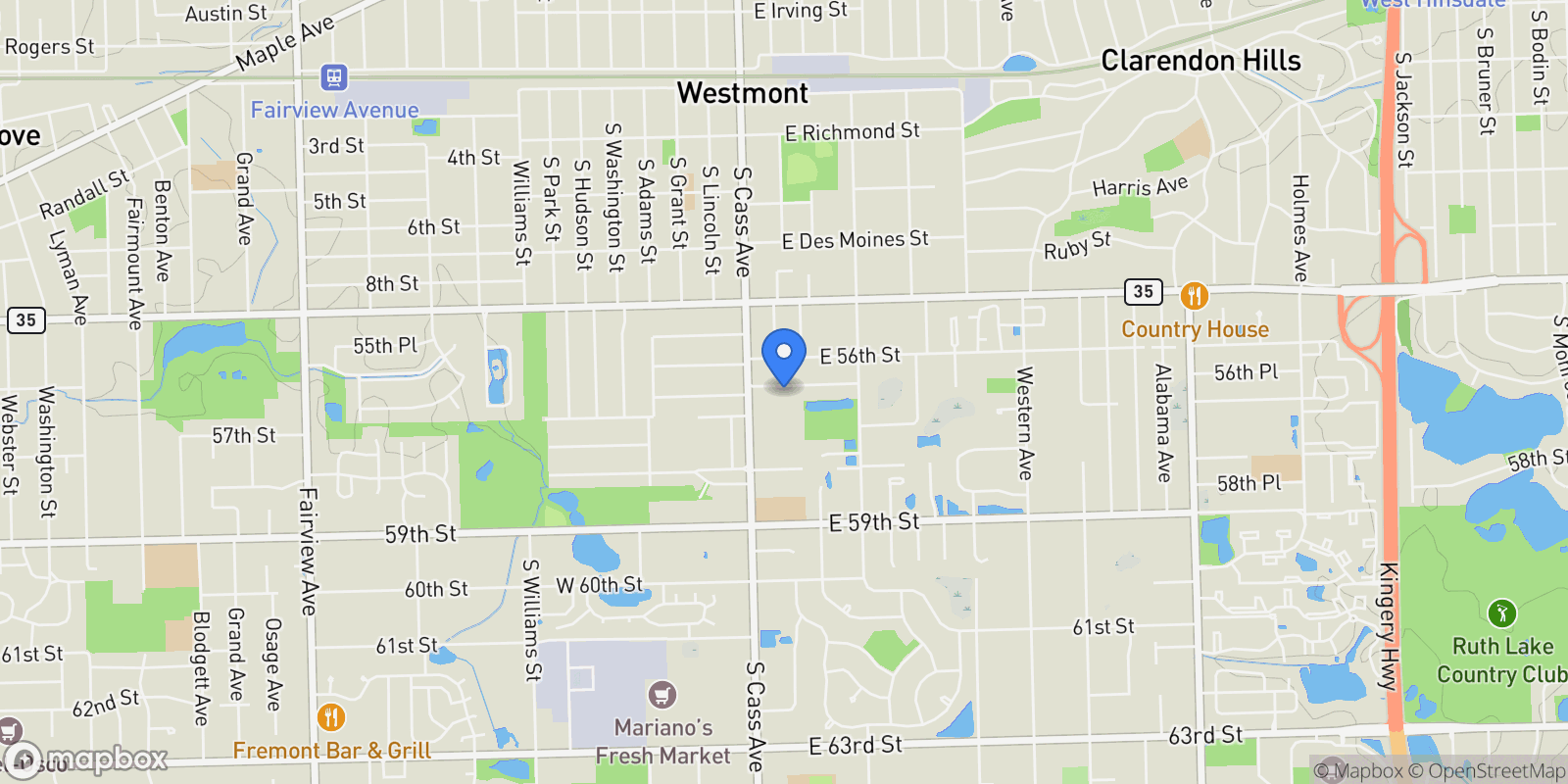 Map showing 25 Hidden View Drive, Willowbrook, Illinois, United States.