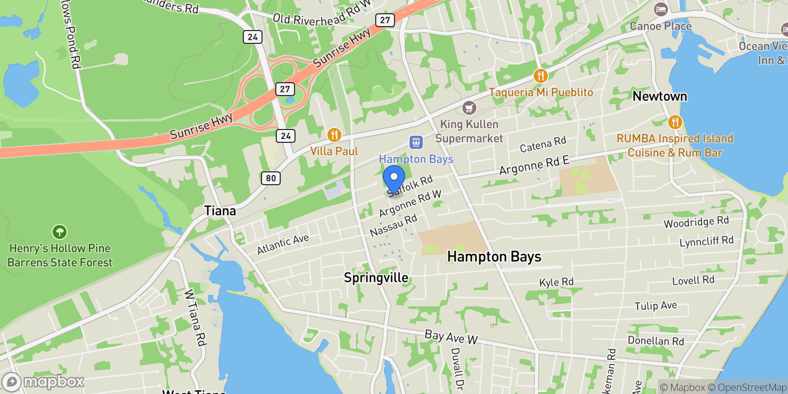 Map showing 35 Suffolk Rd, Hampton Bays, New York, United States.